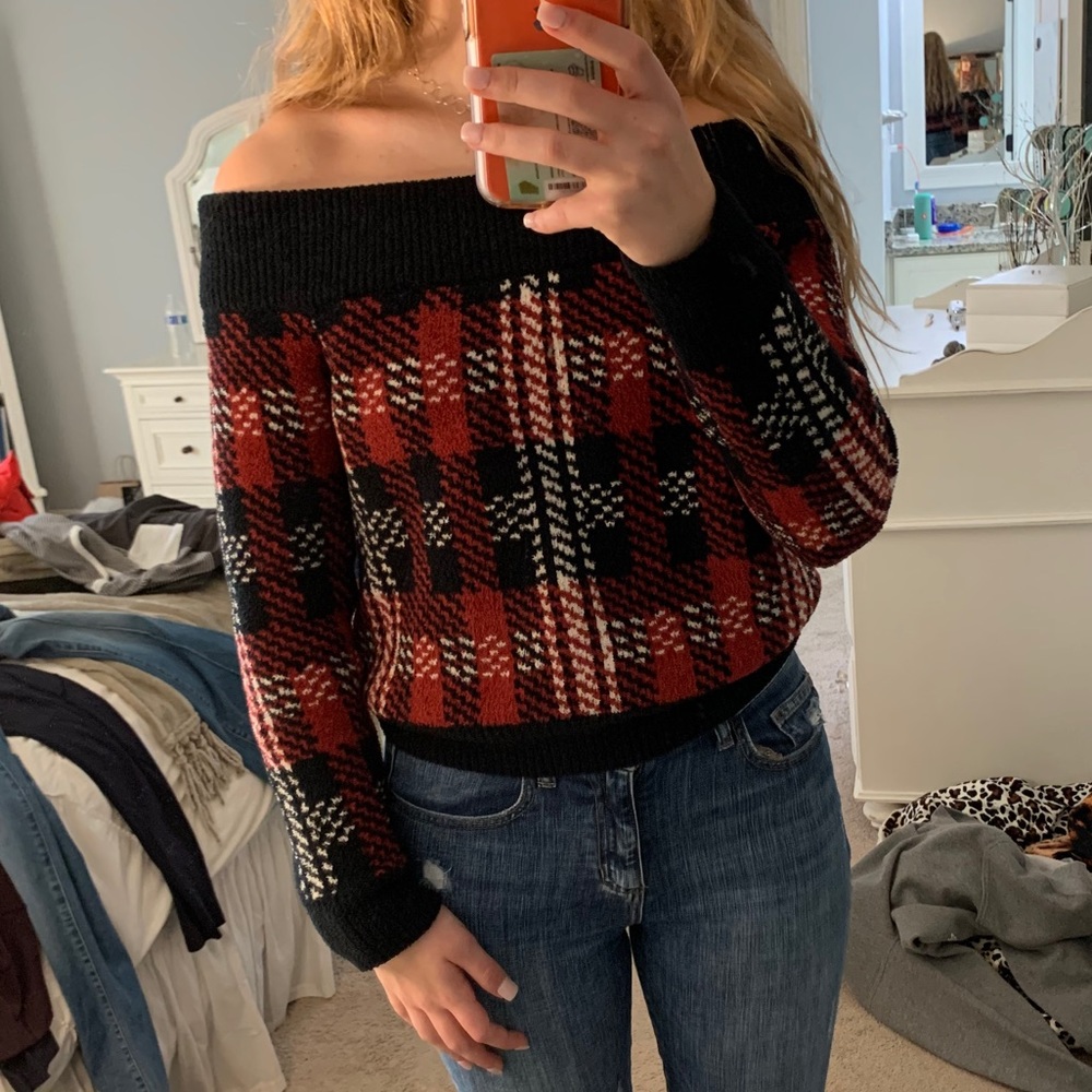 Red Houndstooth Off-the-Shoulder Sweater